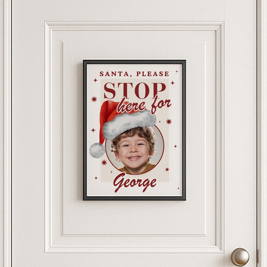 Personalised Santa Stop Here Photo Poster  Santa Hat Christmas Sign  Custom Name & Photo  Christmas Eve Decoration Keepsake for Kids