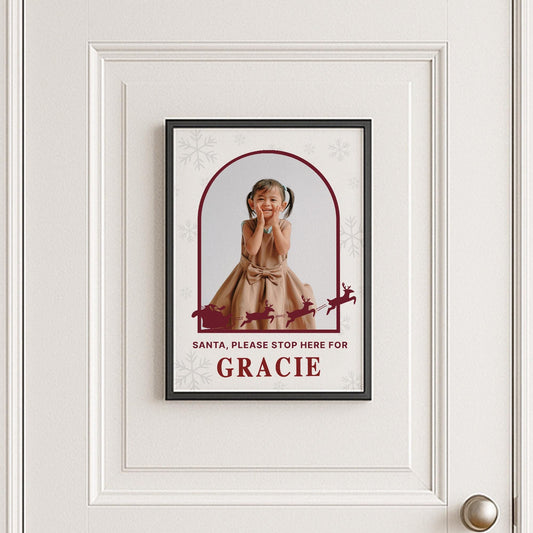 Personalised Santa Stop Here Photo Poster  Sleigh and Reindeer Xmas Sign  Custom Name & Photo  Christmas Eve Decoration Keepsake for Kids