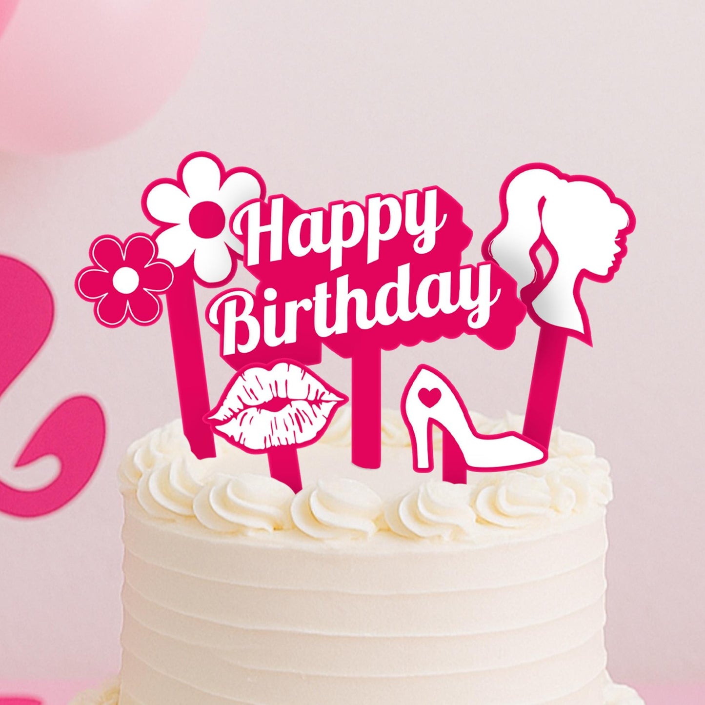 Birthday Cake Topper Set  Doll Themed: 5 Piece Pink Acrylic Cake Decoration Kit  for Girls, Kids and Fashion-Themed Birthday Party Decor