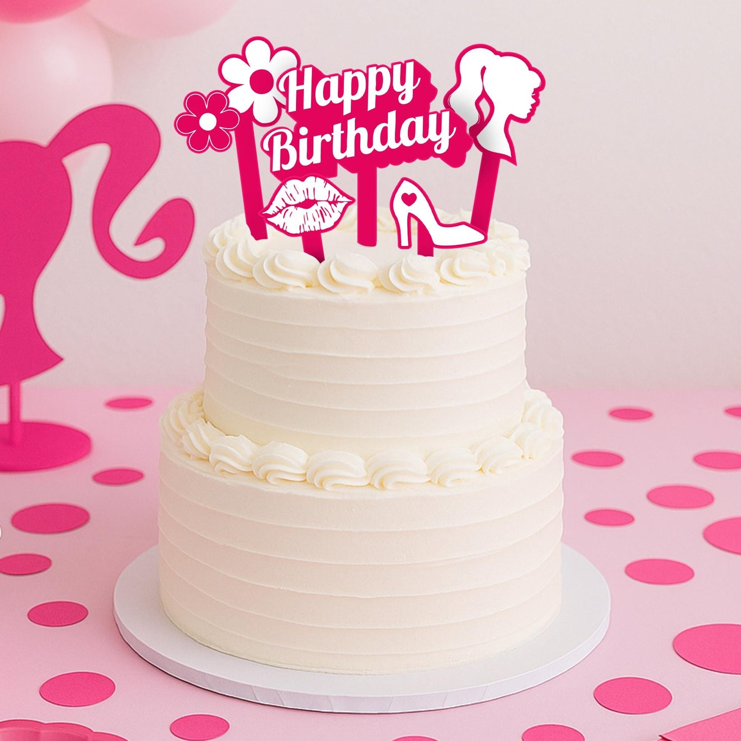 Birthday Cake Topper Set  Doll Themed: 5 Piece Pink Acrylic Cake Decoration Kit  for Girls, Kids and Fashion-Themed Birthday Party Decor