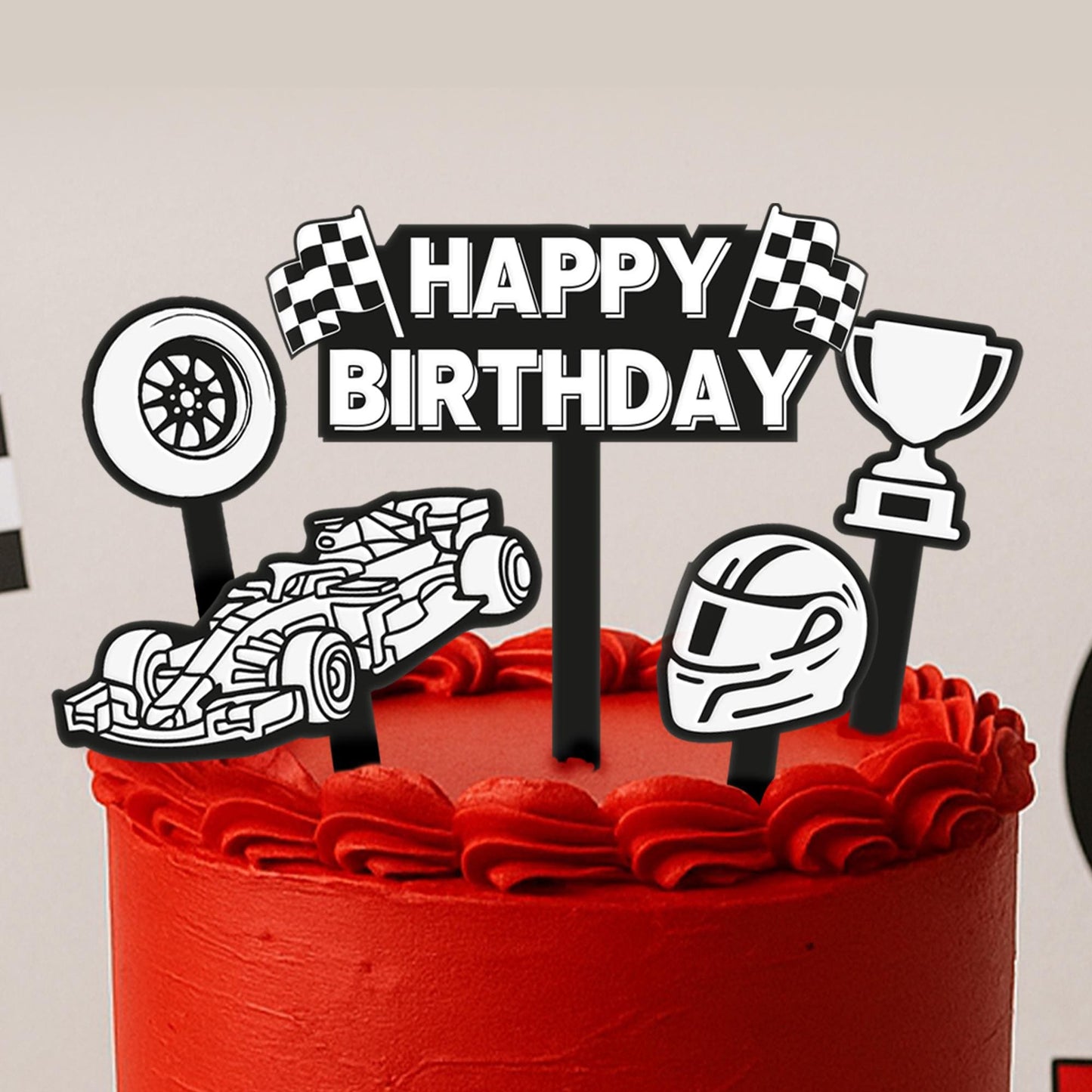 Birthday Cake Topper Set  Race Car Themed: 5 Piece Acrylic Cake Decoration Kit  Cool Birthday Party Decor  for Kids, Boys & Sports Fans