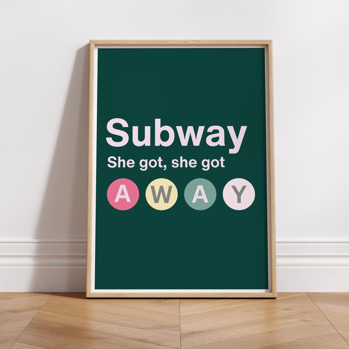 Lyric-Inspired Poster - "She Got Away" Print | Deep Green Modern Music Wall Art with Bold Typography & Subway Sign Design | Home Decor