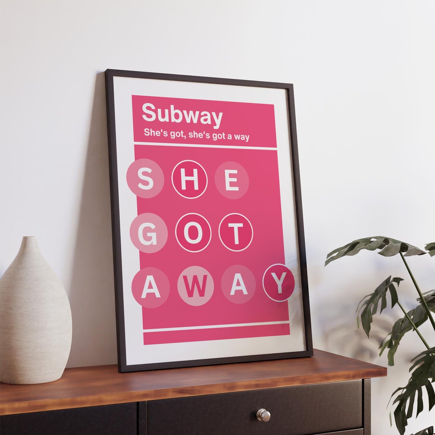Lyric-Inspired "She Got Away" Pink Subway Art Print | Modern Music Poster with Bold Typography | Fun Wall Art | Home Decor