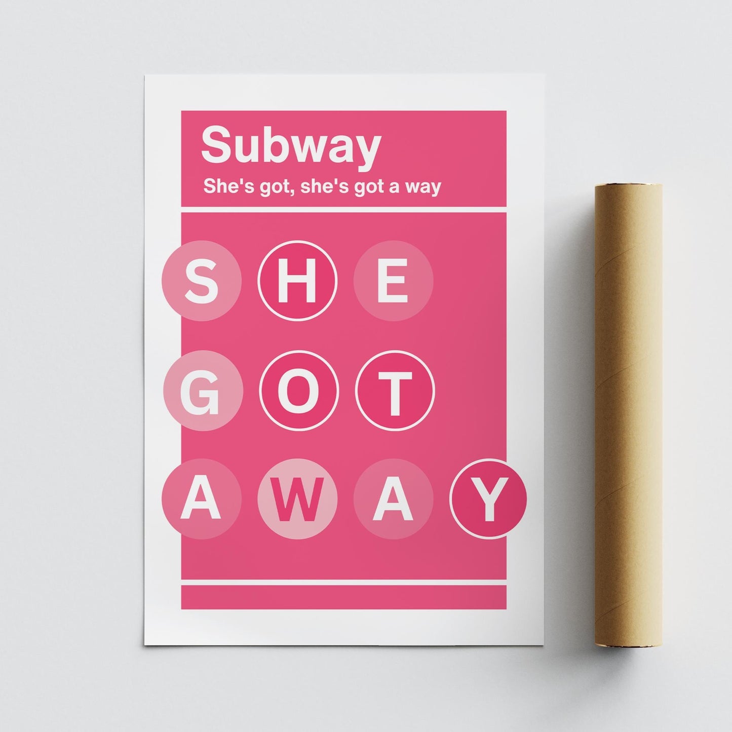 Lyric-Inspired "She Got Away" Pink Subway Art Print | Modern Music Poster with Bold Typography | Fun Wall Art | Home Decor