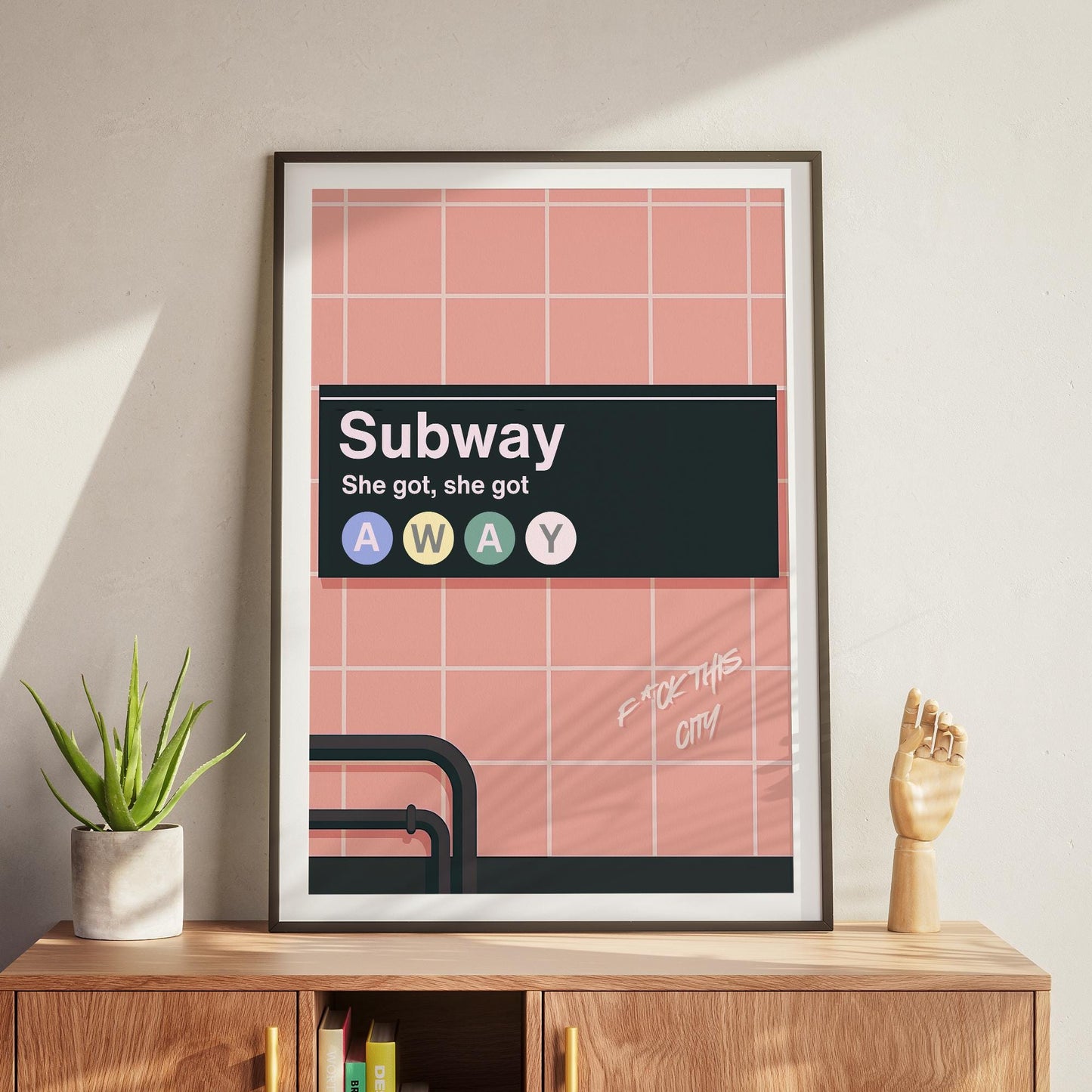 Lyric-Inspired "She Got Away" Subway Station Art Print | Modern Music Poster with Bold Typography | Urban Wall Art | Pink Home Decor