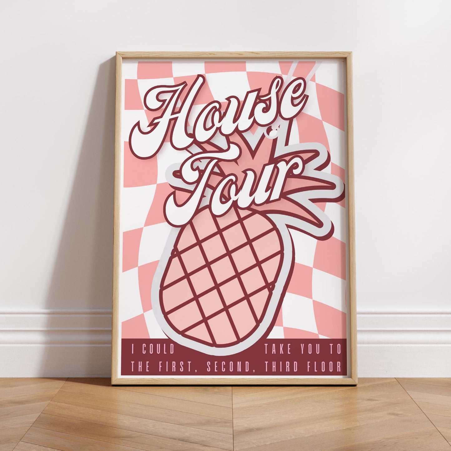 House Tour Pineapple Poster  Retro Checkered Lyric Inspired Wall Print | Fun Pink Artwork for Bedroom, Kitchen & Living Room