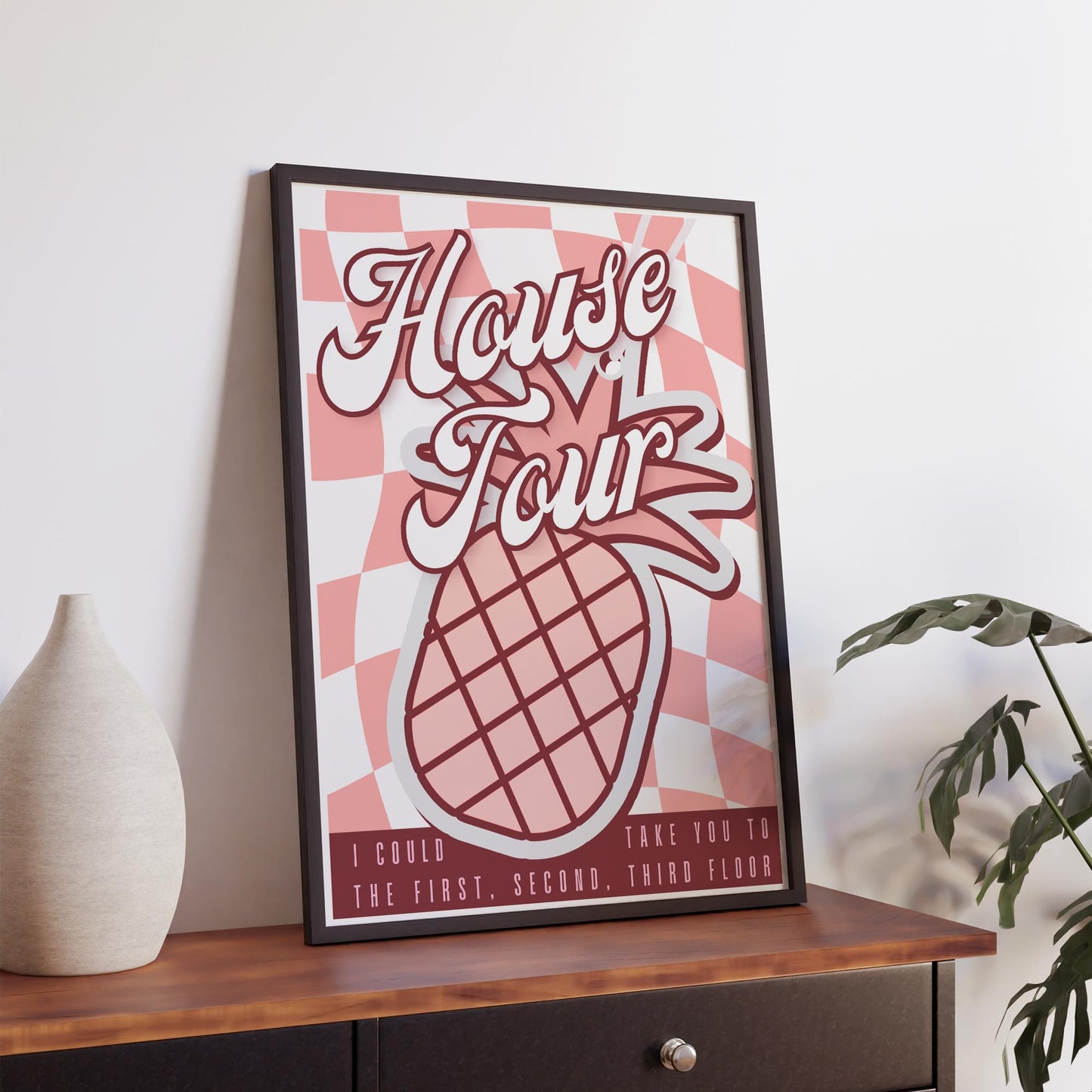House Tour Pineapple Poster  Retro Checkered Lyric Inspired Wall Print | Fun Pink Artwork for Bedroom, Kitchen & Living Room
