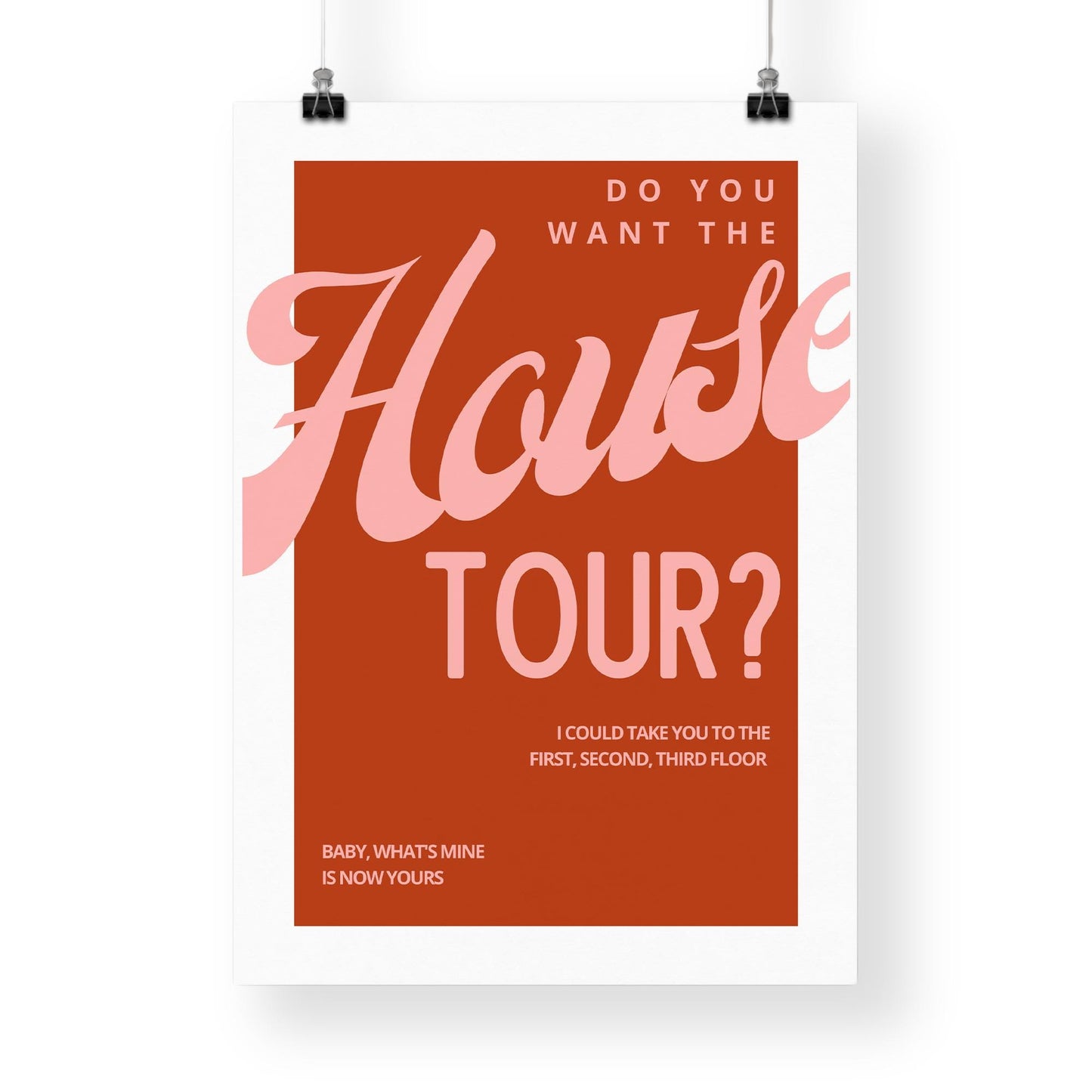 House Tour Minimalist Poster  Bold Rust Red Lyric Inspired Wall Art Print | Modern Typography Poster for Bedroom, Kitchen & Living Room