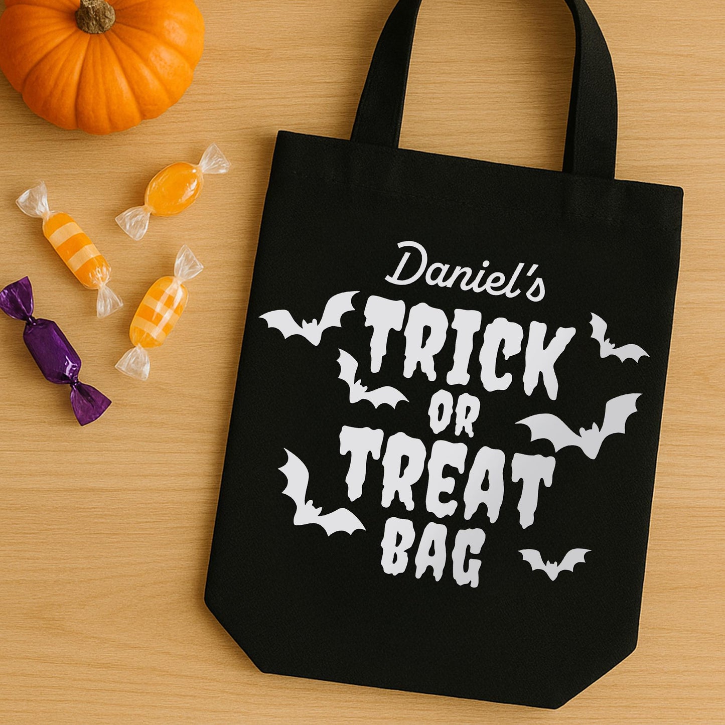 Personalised Trick or Treat Bag Iron On Vinyl Transfer  Custom Halloween Heat Transfer with Bats   DIY Halloween Tote Bag Decoration