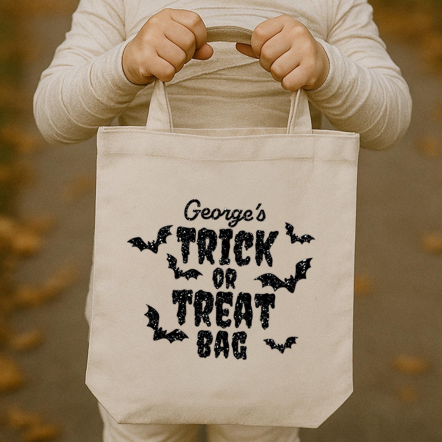 Personalised Trick or Treat Bag Iron On Vinyl Transfer  Custom Halloween Heat Transfer with Bats   DIY Halloween Tote Bag Decoration