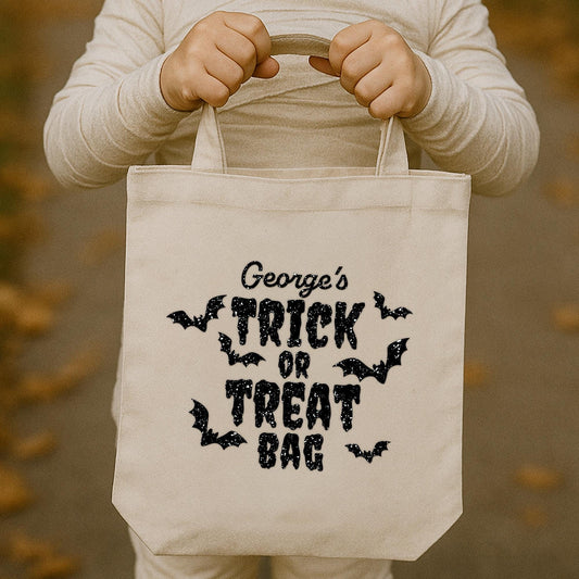 Personalised Trick or Treat Bag Iron On Vinyl Transfer  Custom Halloween Heat Transfer with Bats   DIY Halloween Tote Bag Decoration