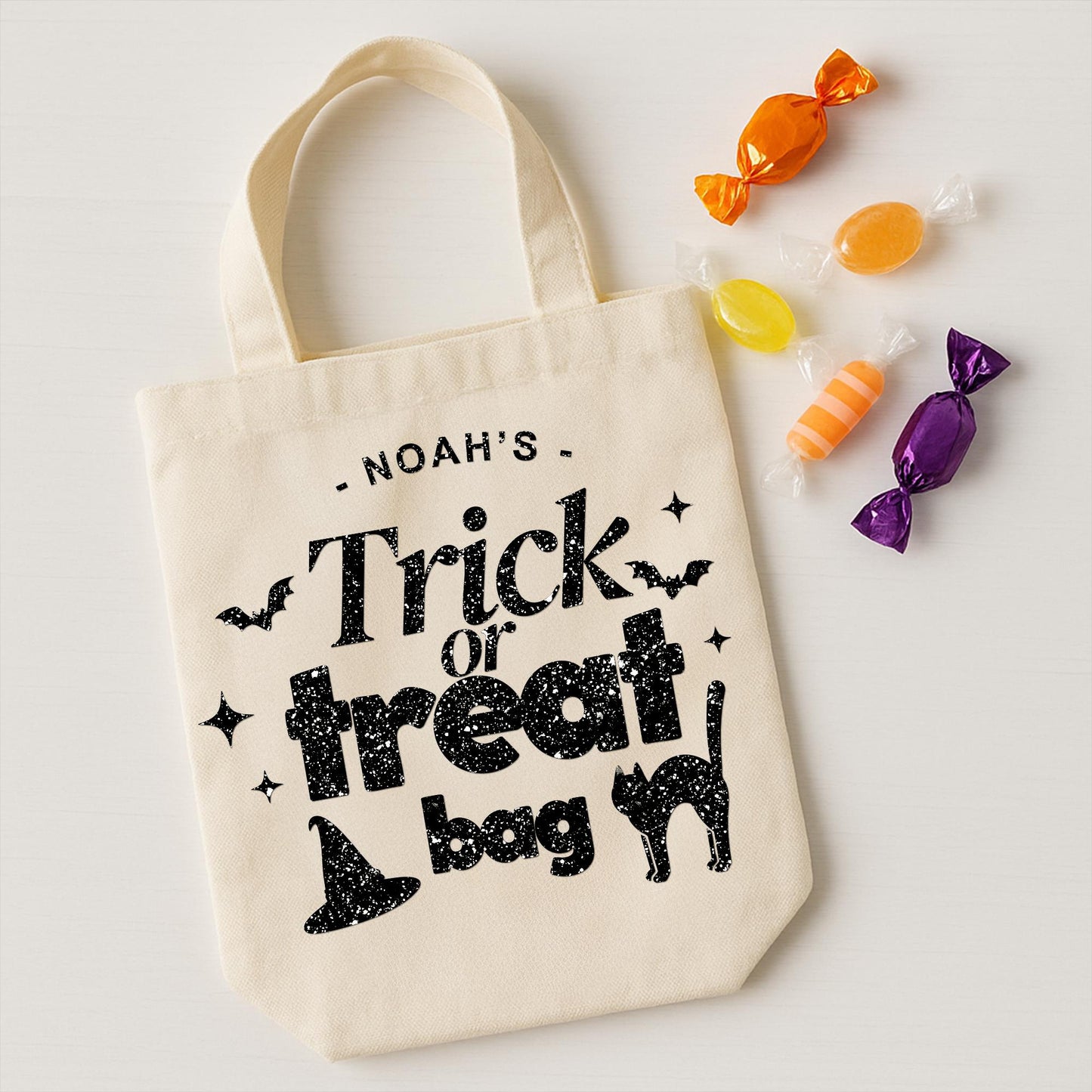 Personalised Trick or Treat Bag Iron On Vinyl Transfer  Custom Halloween Cat & Witch Hat Heat Transfer  DIY Halloween Sweet Bag Decoration