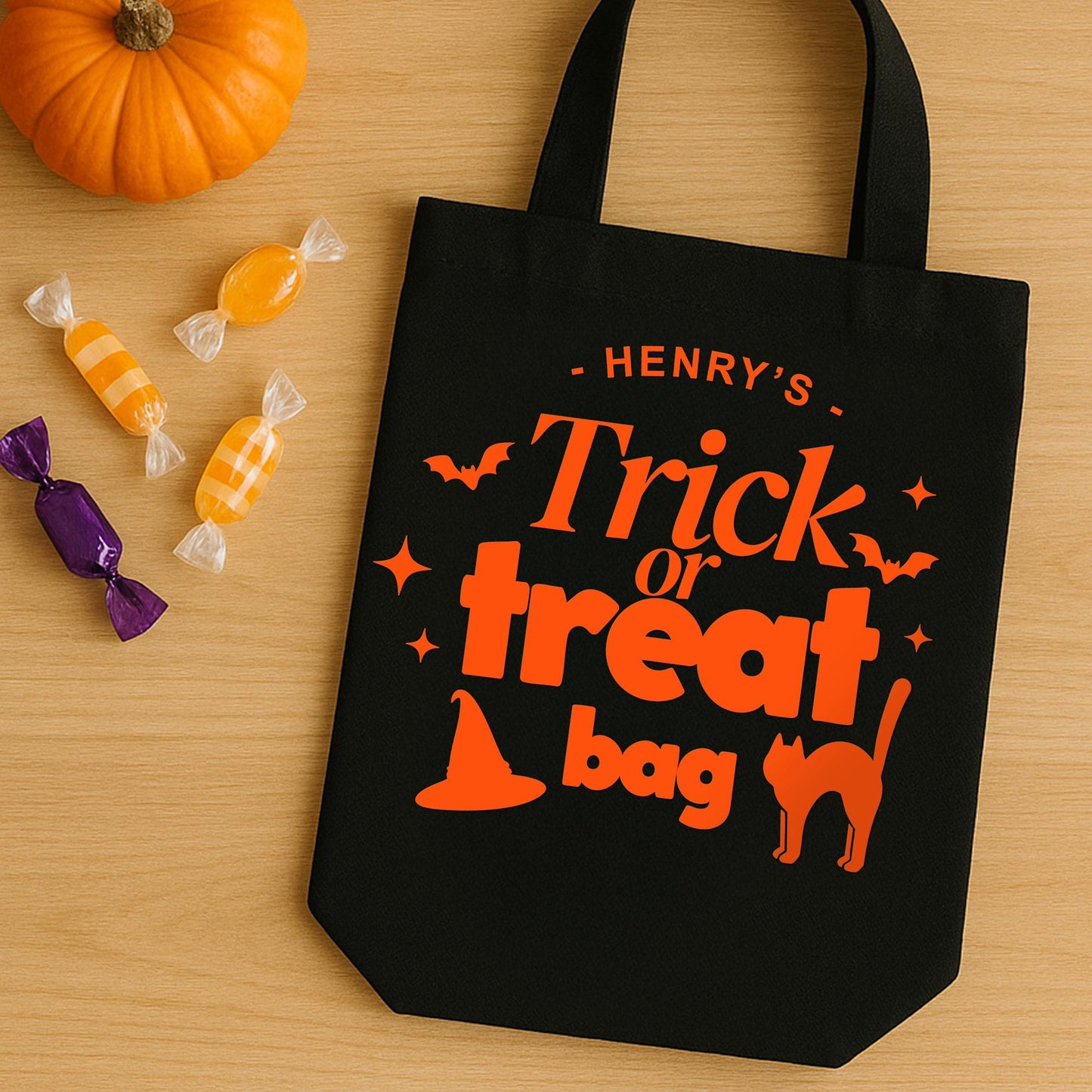 Personalised Trick or Treat Bag Iron On Vinyl Transfer  Custom Halloween Cat & Witch Hat Heat Transfer  DIY Halloween Sweet Bag Decoration