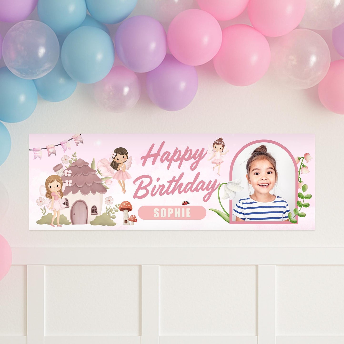 Personalised Fairy Birthday Banner with Photo & Name  Girls Birthday Party Decoration | Magic Theme | Party Decor for Kids