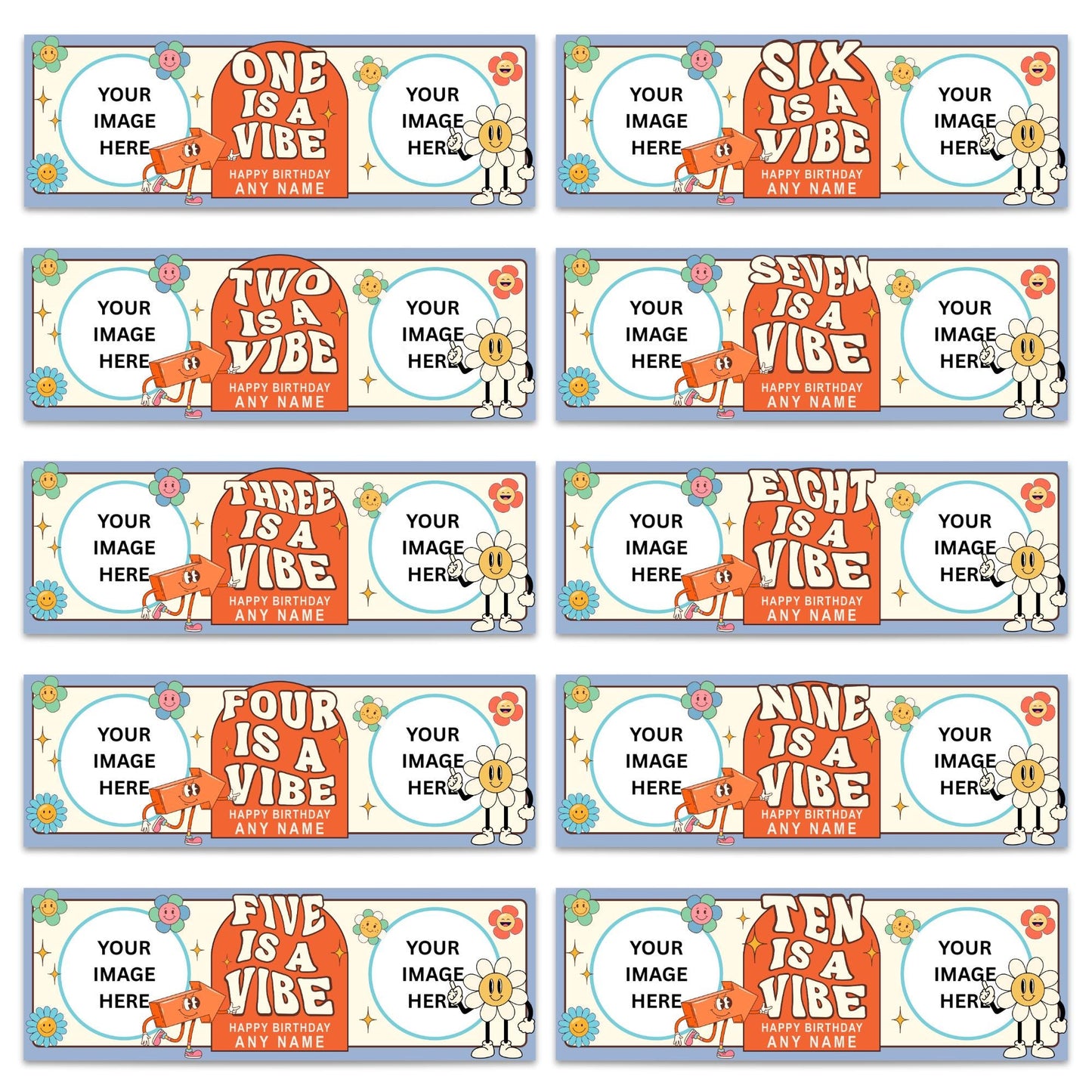 Personalised Birthday Banner for Kids  "Is A Vibe" Custom Party Decoration with Photos & Name | Ages 1 to 10 | Retro Flower Power Design