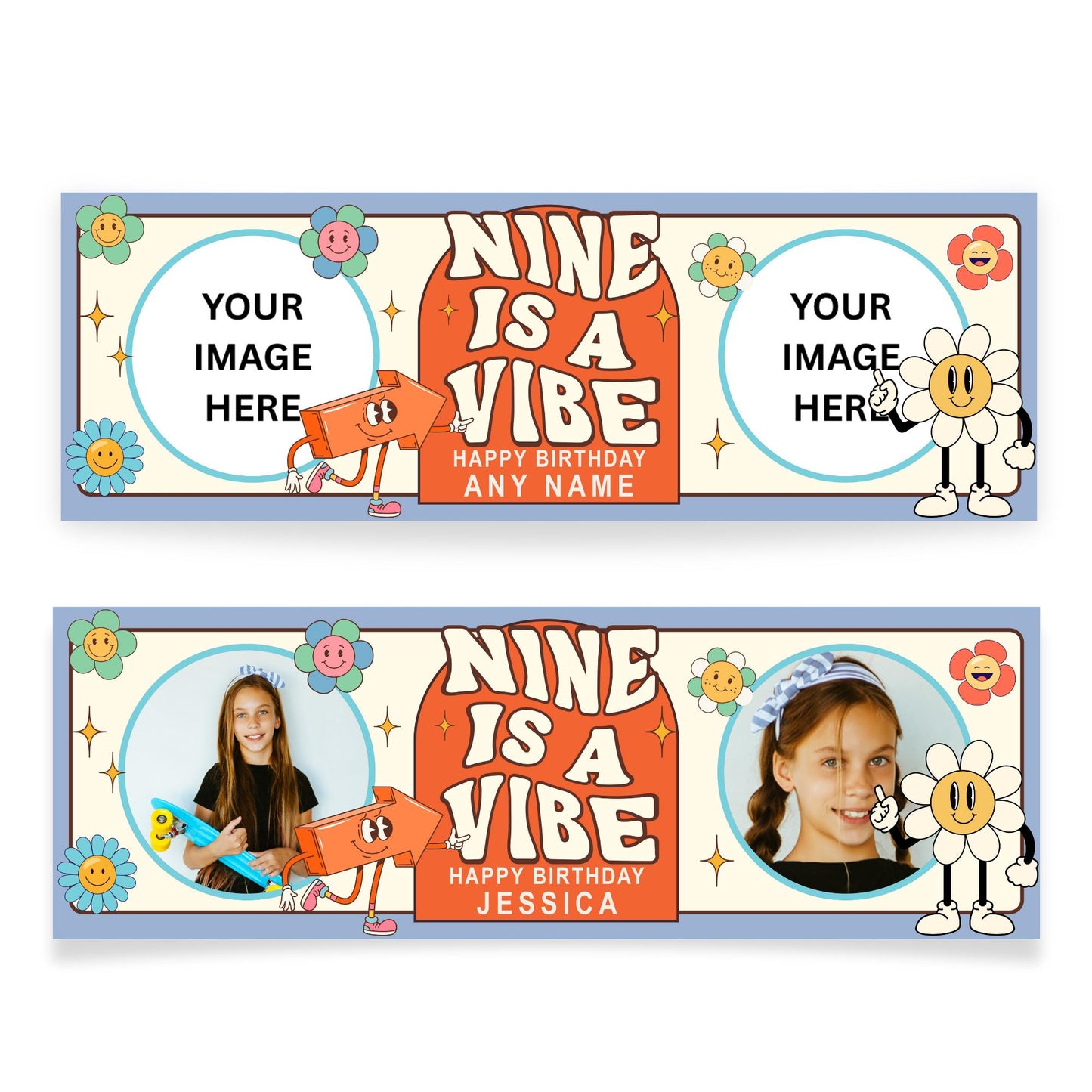 Personalised Birthday Banner for Kids  "Is A Vibe" Custom Party Decoration with Photos & Name | Ages 1 to 10 | Retro Flower Power Design