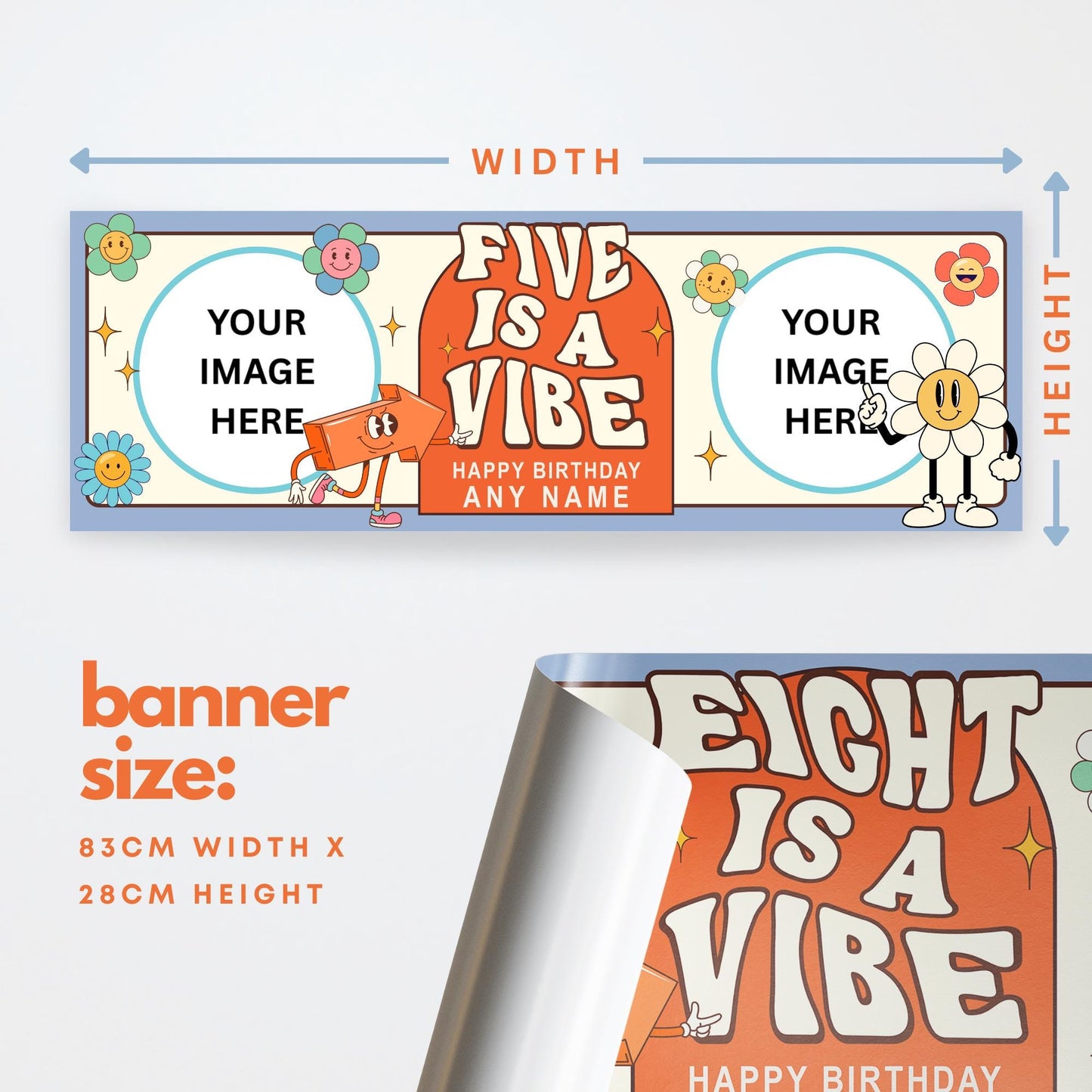 Personalised Birthday Banner for Kids  "Is A Vibe" Custom Party Decoration with Photos & Name | Ages 1 to 10 | Retro Flower Power Design