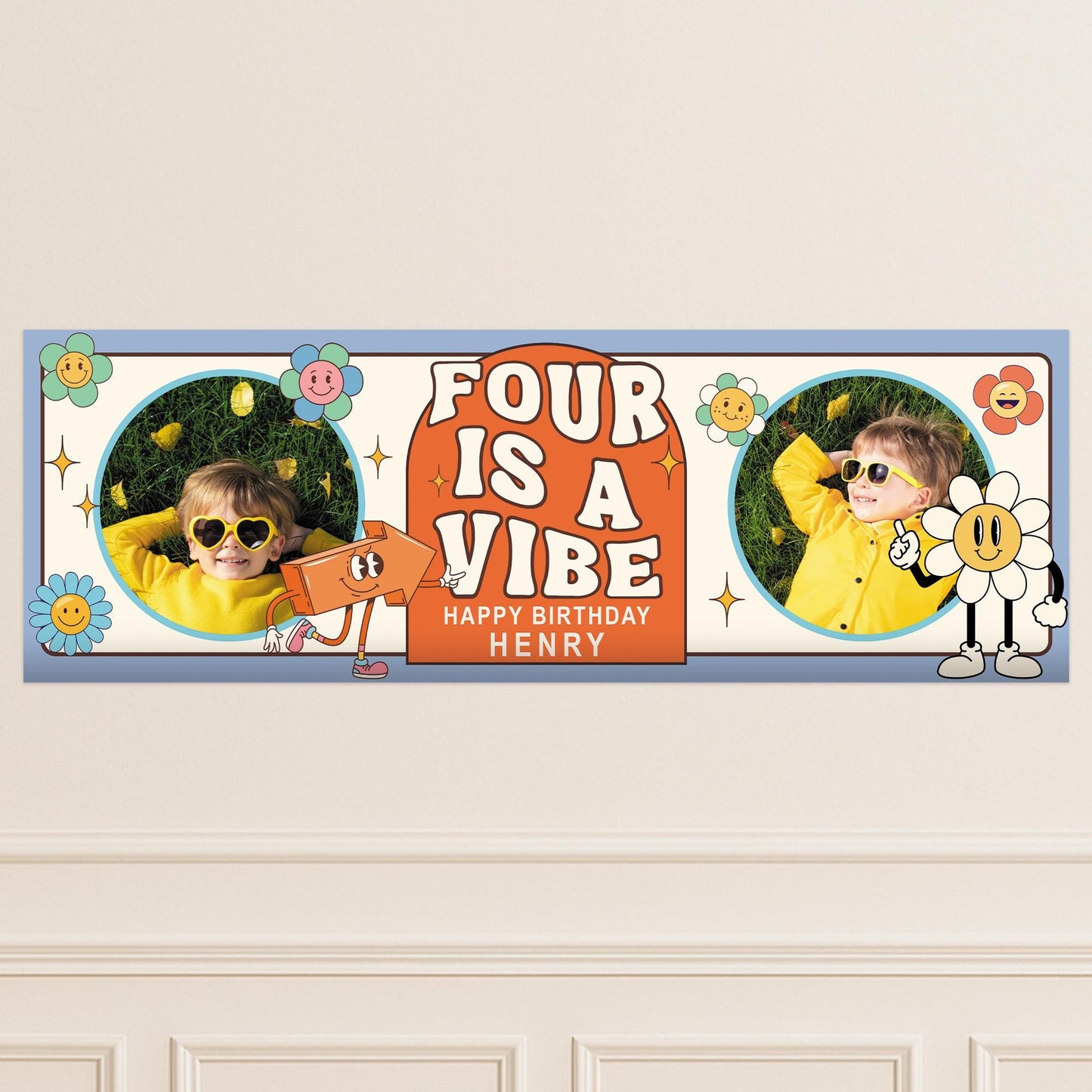 Personalised Birthday Banner for Kids  "Is A Vibe" Custom Party Decoration with Photos & Name | Ages 1 to 10 | Retro Flower Power Design
