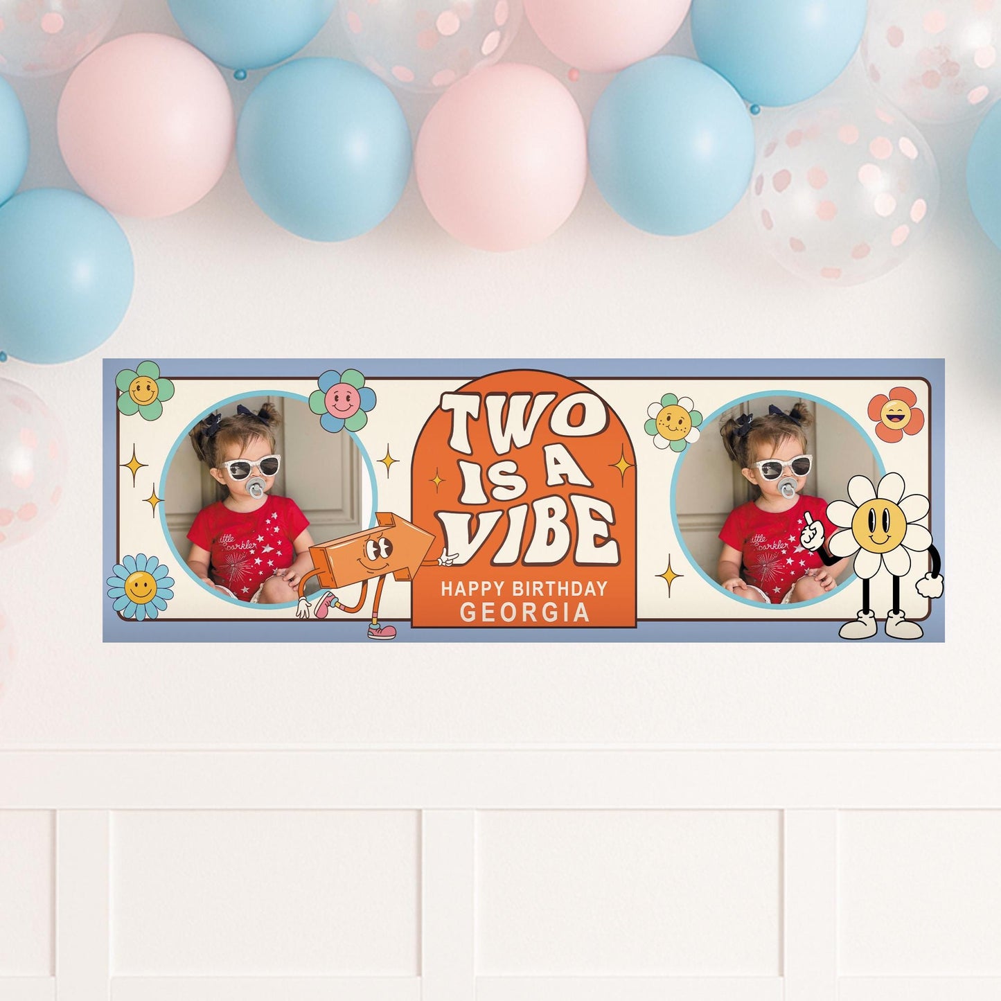 Personalised Birthday Banner for Kids  "Is A Vibe" Custom Party Decoration with Photos & Name | Ages 1 to 10 | Retro Flower Power Design