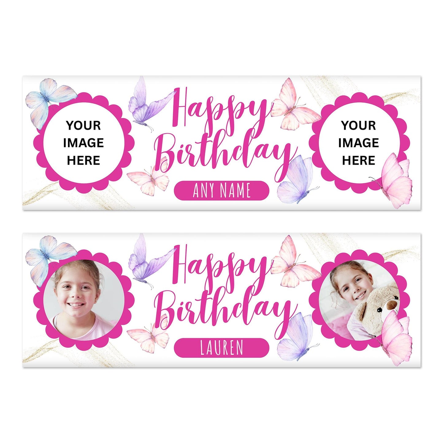 Personalised Butterfly Birthday Banner  Custom Name & Photo Party Decoration | Girls Birthday Party Banner | Pink and Purple Theme