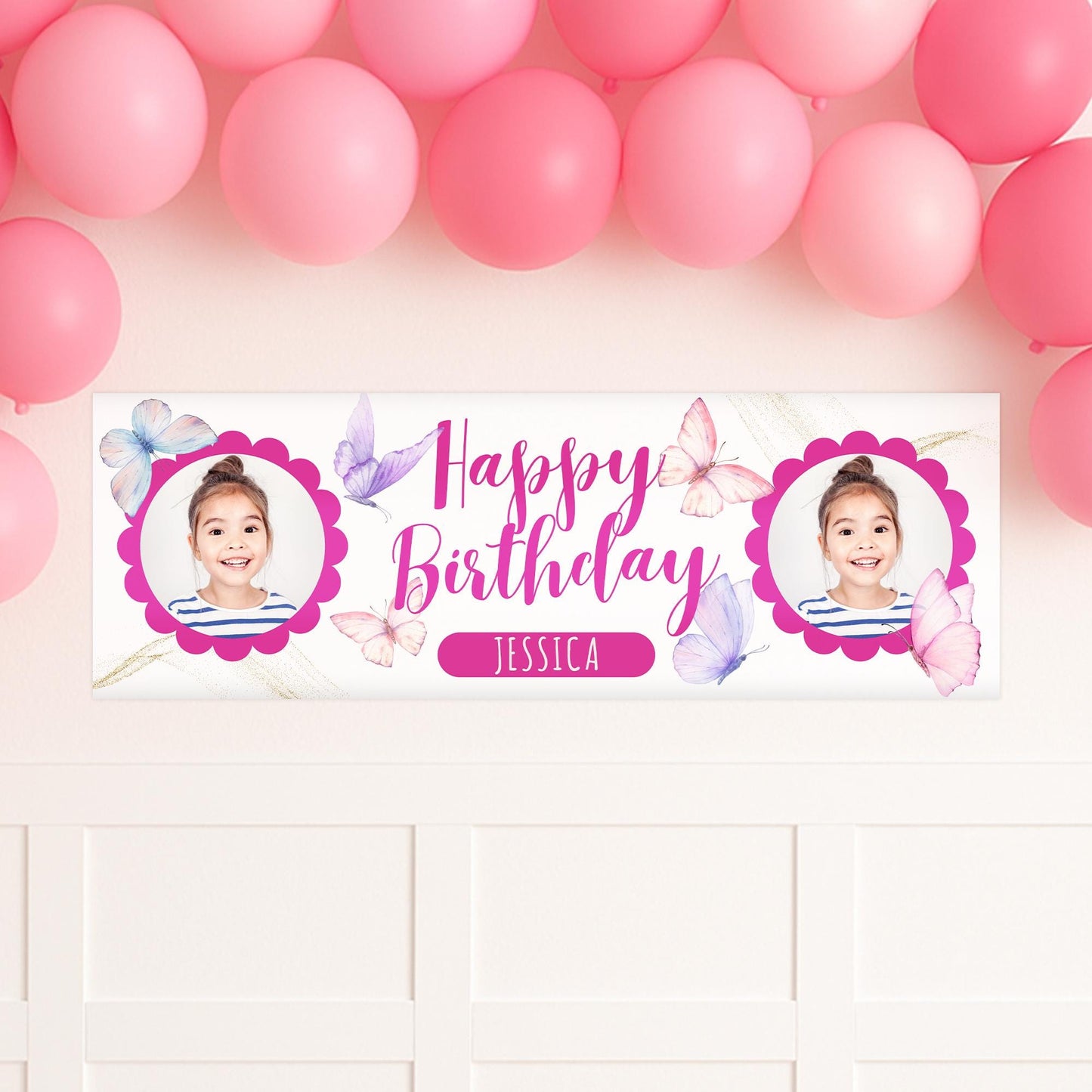 Personalised Butterfly Birthday Banner  Custom Name & Photo Party Decoration | Girls Birthday Party Banner | Pink and Purple Theme