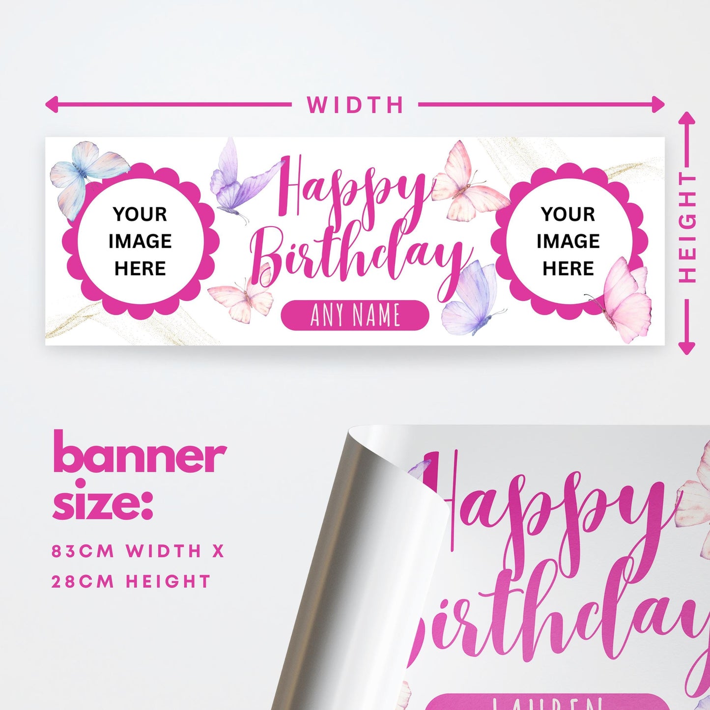 Personalised Butterfly Birthday Banner  Custom Name & Photo Party Decoration | Girls Birthday Party Banner | Pink and Purple Theme