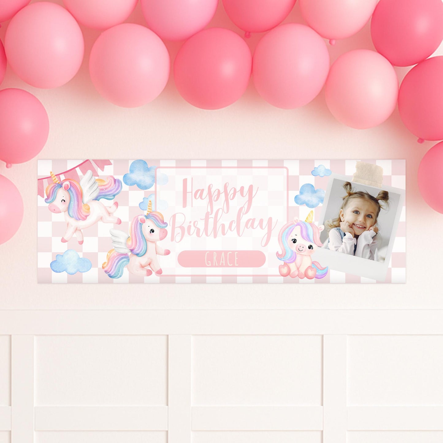 Personalised Unicorn Birthday Banner  Custom Name & Photo Party Decoration | Girls Birthday Party Banner | Cute Pink Unicorn Theme