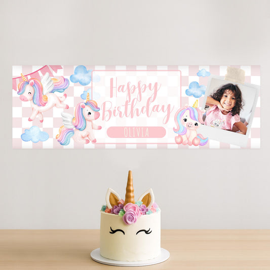 Personalised Unicorn Birthday Banner  Custom Name & Photo Party Decoration | Girls Birthday Party Banner | Cute Pink Unicorn Theme