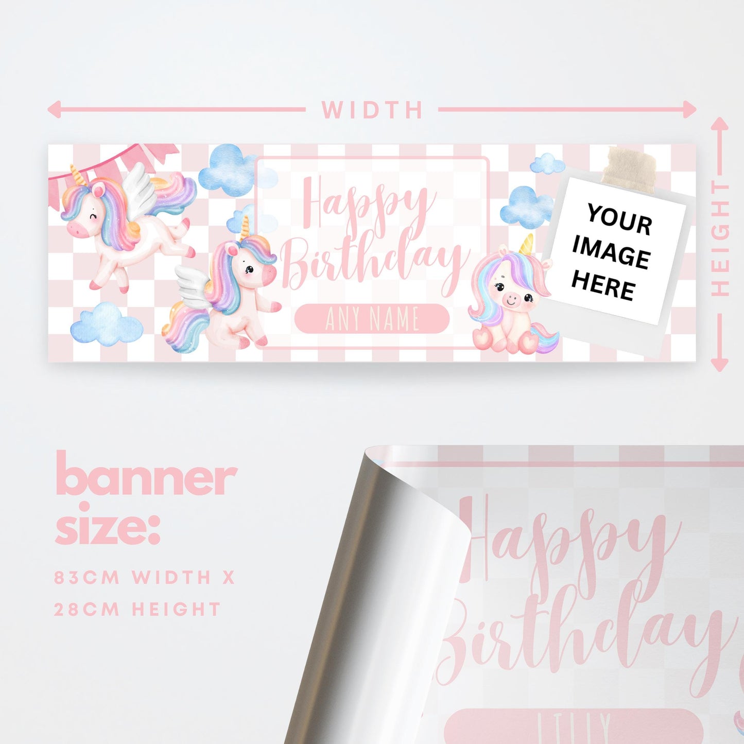 Personalised Unicorn Birthday Banner  Custom Name & Photo Party Decoration | Girls Birthday Party Banner | Cute Pink Unicorn Theme