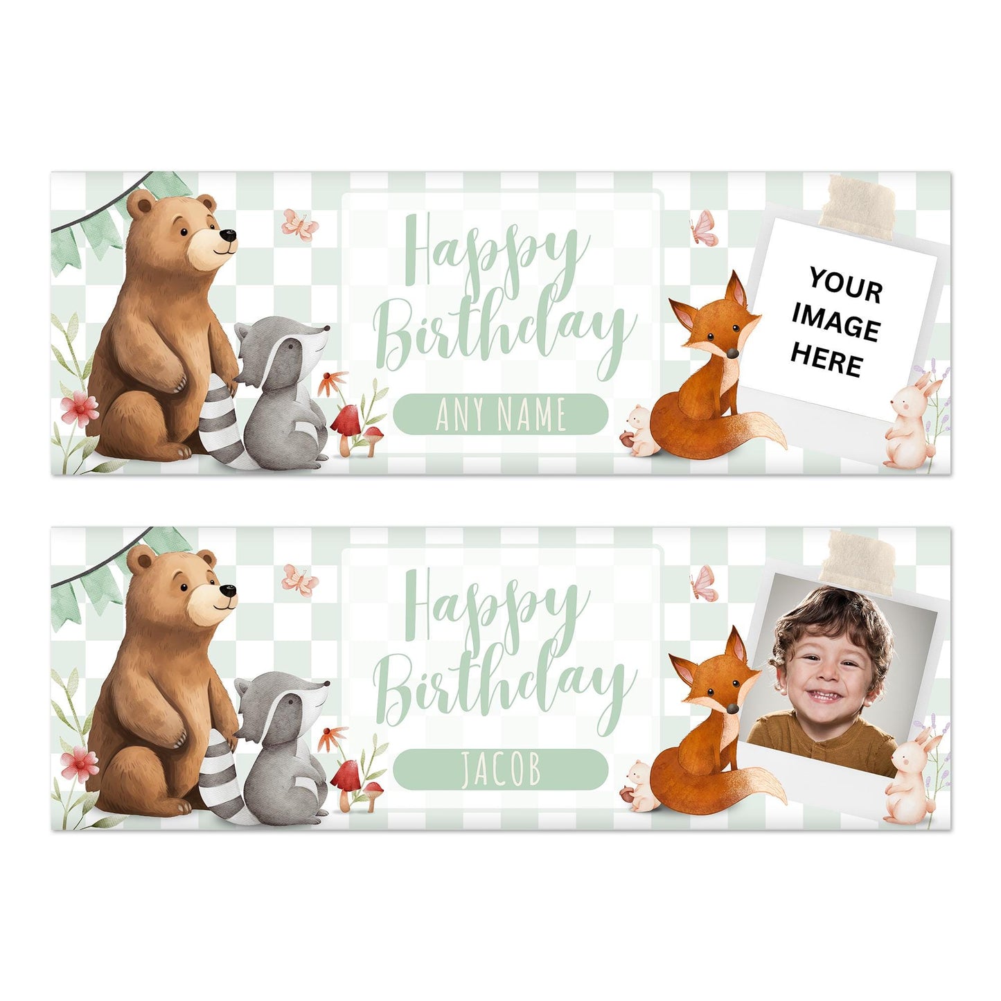 Personalised Woodland Birthday Banner  Custom Name & Photo Party Decoration | Boys and Girls Birthday Banner | Neutral Forest Animal Theme
