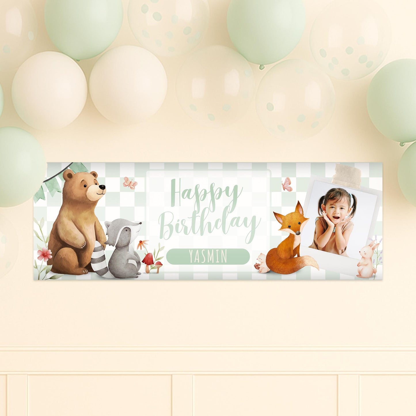 Personalised Woodland Birthday Banner  Custom Name & Photo Party Decoration | Boys and Girls Birthday Banner | Neutral Forest Animal Theme