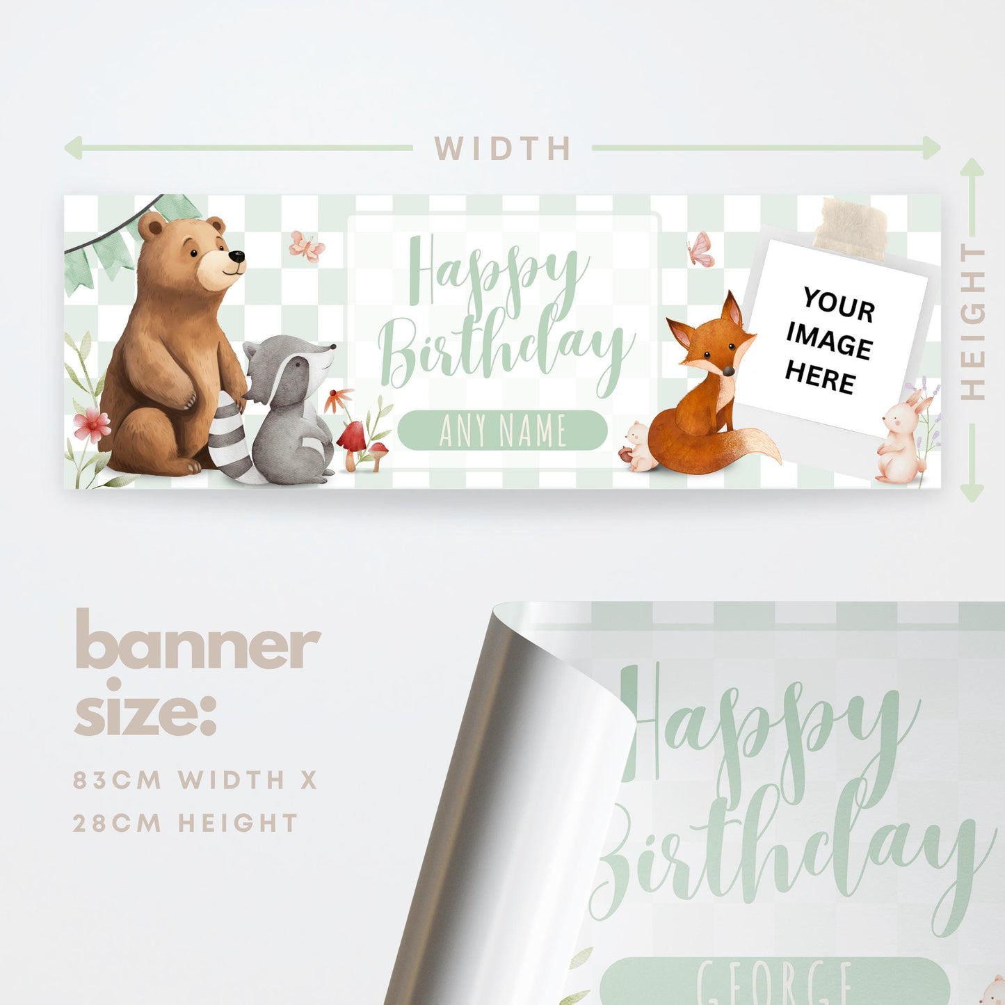 Personalised Woodland Birthday Banner  Custom Name & Photo Party Decoration | Boys and Girls Birthday Banner | Neutral Forest Animal Theme