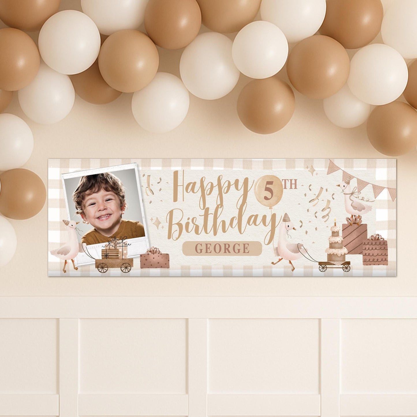 Personalised Birthday Banner with Photo & Name  Goose Themed Neutral Beige Party Decoration  Custom Age Birthday Sign for Kids   Rustic