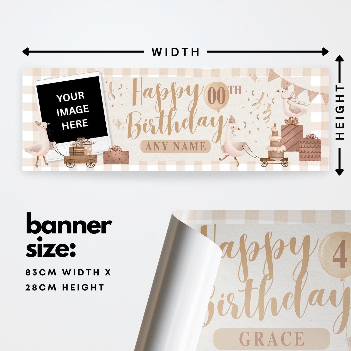 Personalised Birthday Banner with Photo & Name  Goose Themed Neutral Beige Party Decoration  Custom Age Birthday Sign for Kids   Rustic