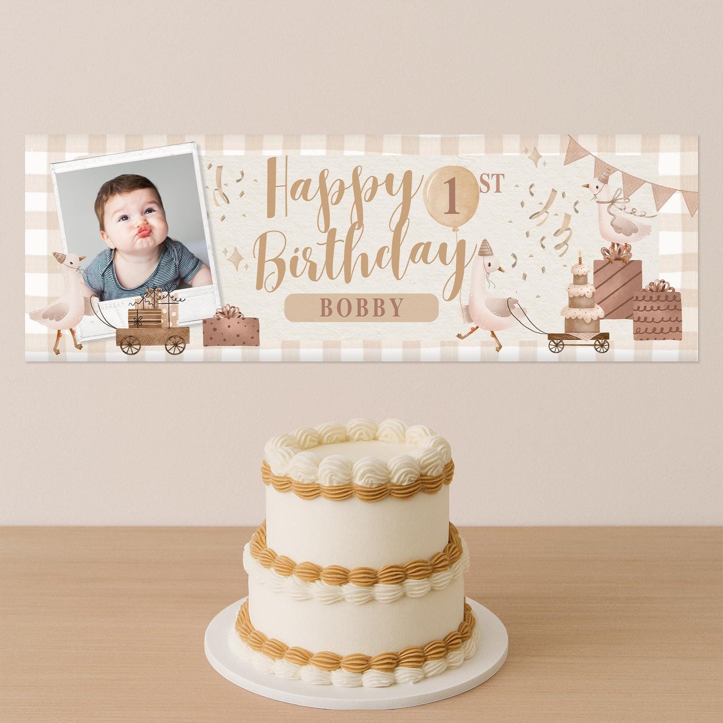 Personalised Birthday Banner with Photo & Name  Goose Themed Neutral Beige Party Decoration  Custom Age Birthday Sign for Kids   Rustic