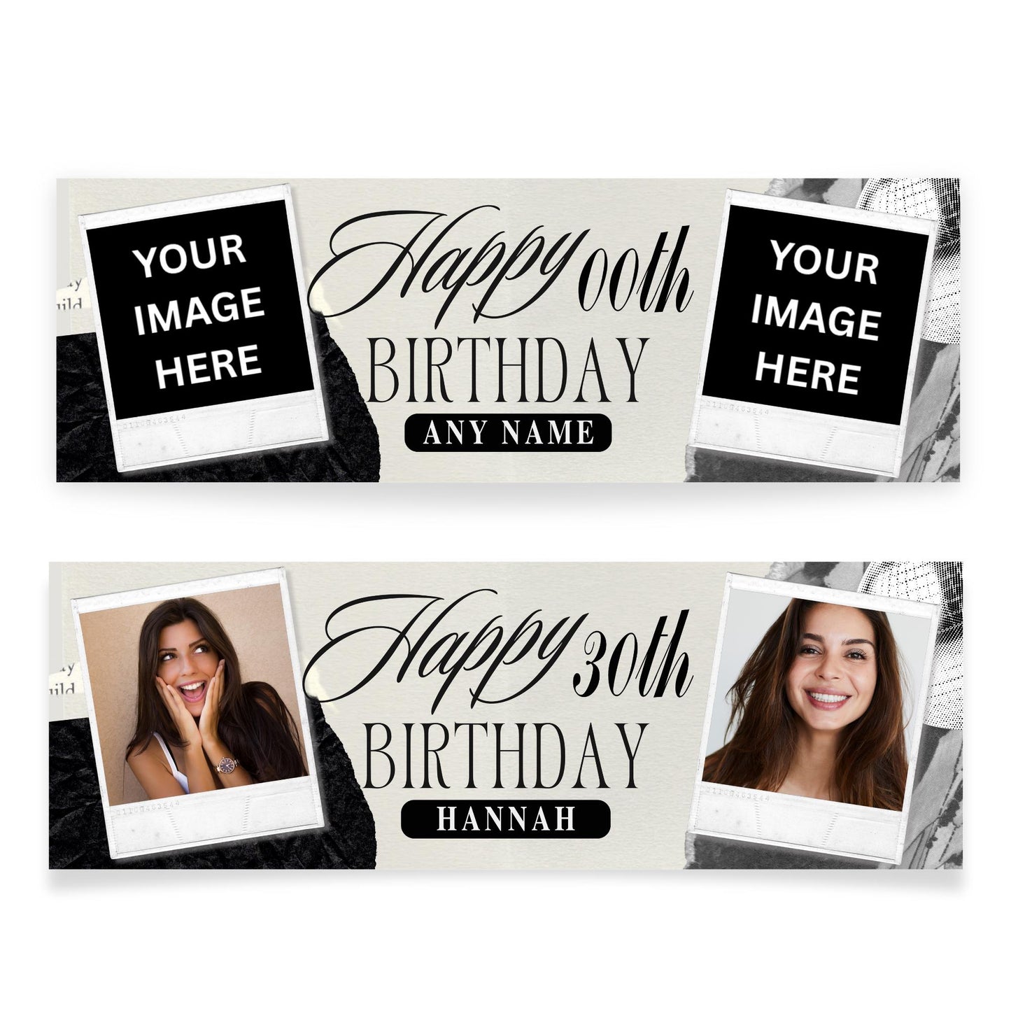 Personalised Birthday Banner with Photos & Name  Monochrome Collage Style Custom Party Decoration  Any Age Birthday Sign