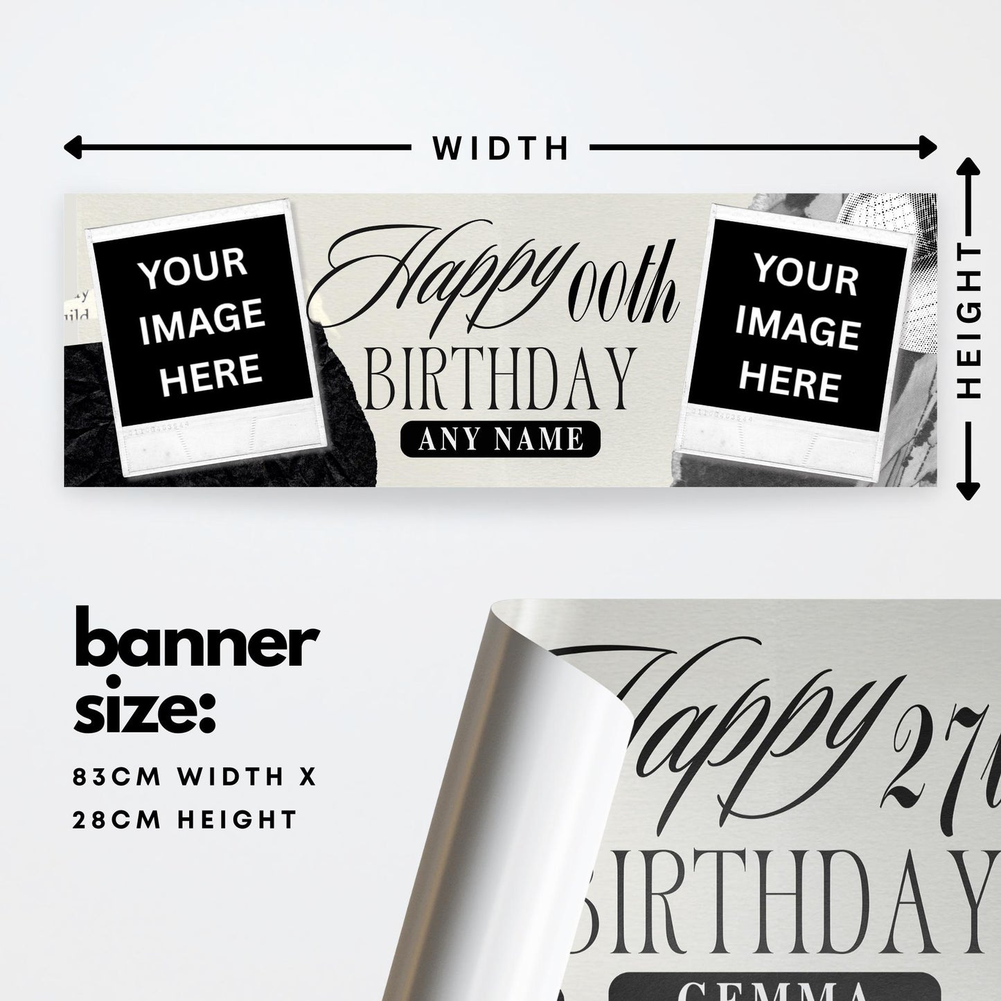 Personalised Birthday Banner with Photos & Name  Monochrome Collage Style Custom Party Decoration  Any Age Birthday Sign