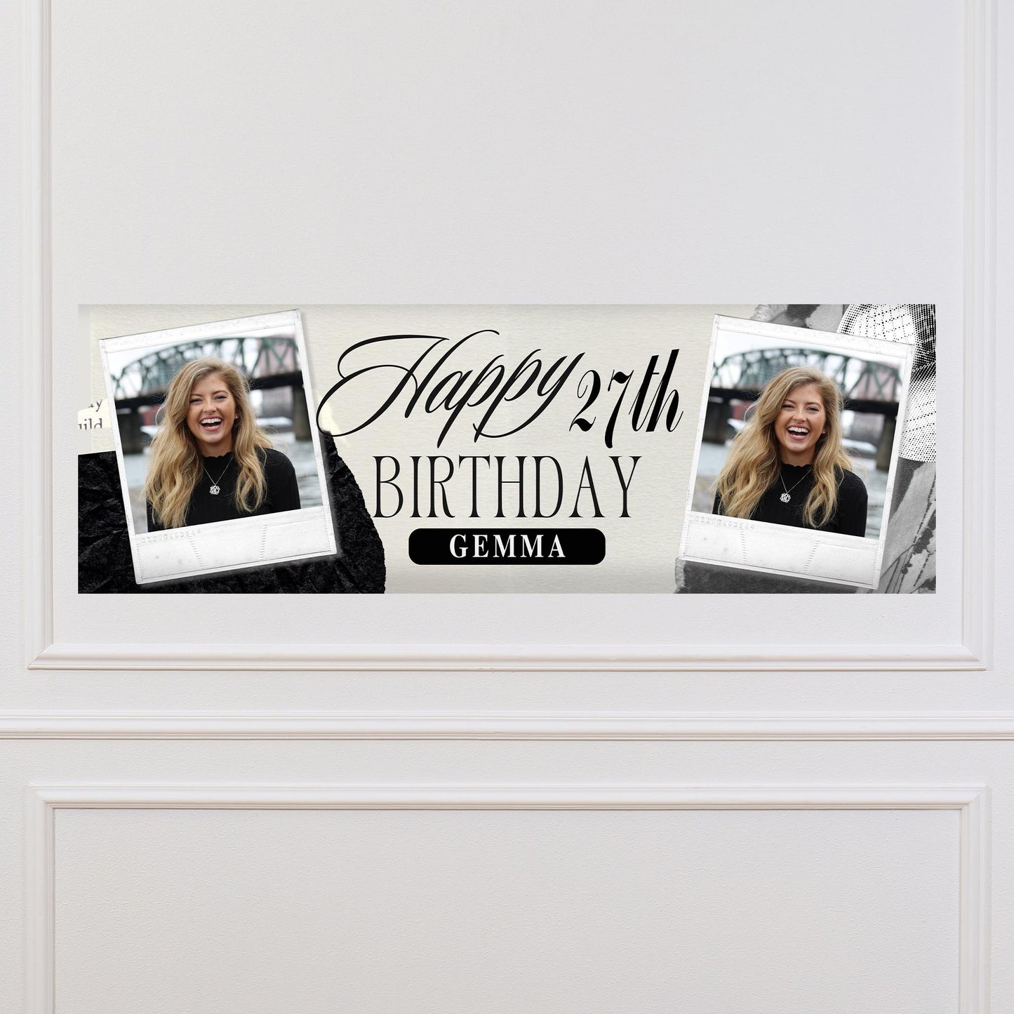 Personalised Birthday Banner with Photos & Name  Monochrome Collage Style Custom Party Decoration  Any Age Birthday Sign