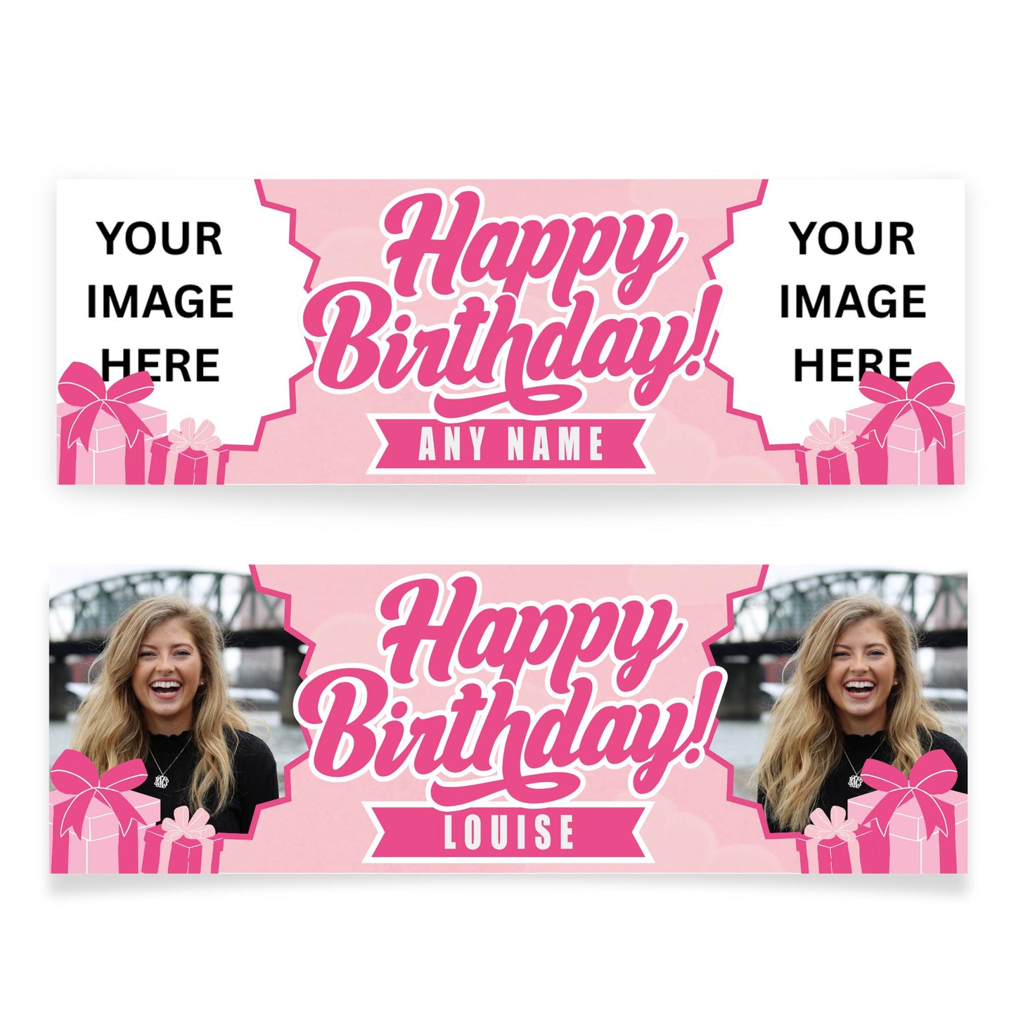 Personalised Birthday Banner with Photos & Name  Pink Presents Party Decoration  Custom Happy Birthday Sign for Girls  Pink Decor
