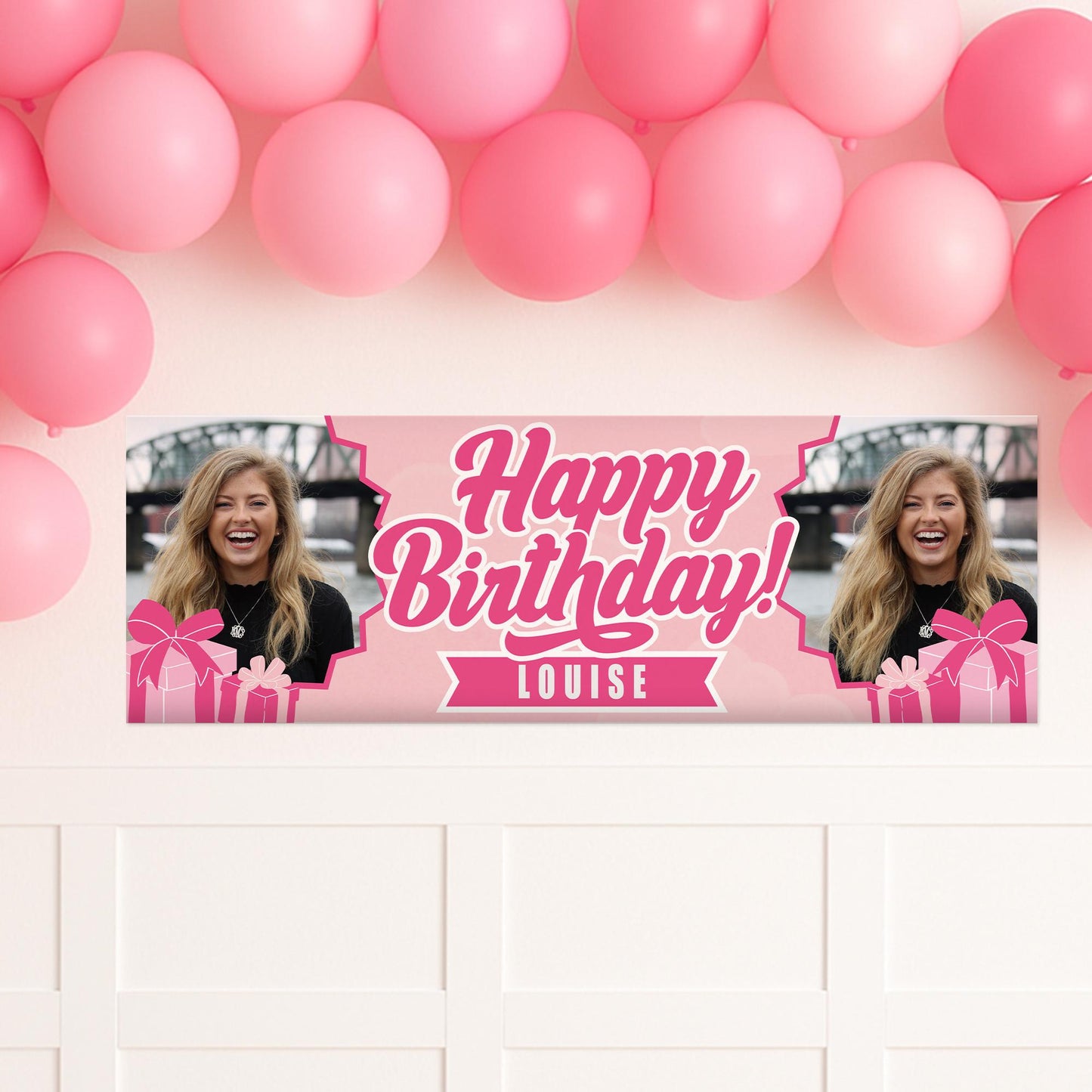 Personalised Birthday Banner with Photos & Name  Pink Presents Party Decoration  Custom Happy Birthday Sign for Girls  Pink Decor