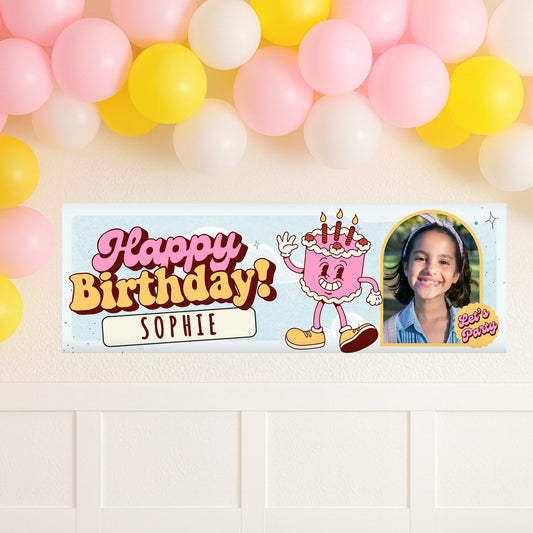 Personalised Birthday Banner with Photo & Name  Retro Cartoon Cake Design Party Decoration  Vintage Style Custom Happy Birthday Sign