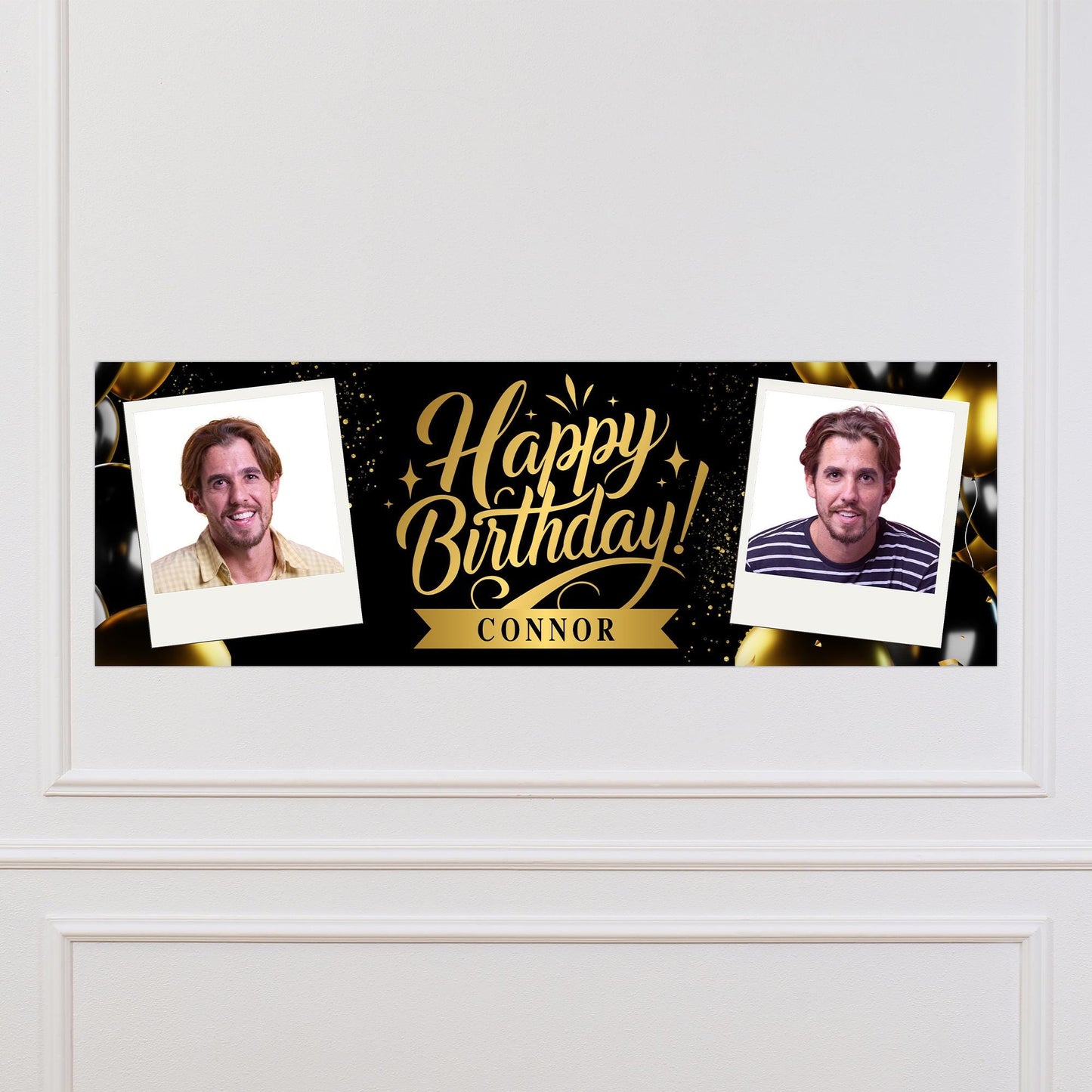 Personalised Birthday Banner with Photos and Name  Black & Gold Classic Party Decoration  Custom Happy Birthday Sign  For Him or For Her