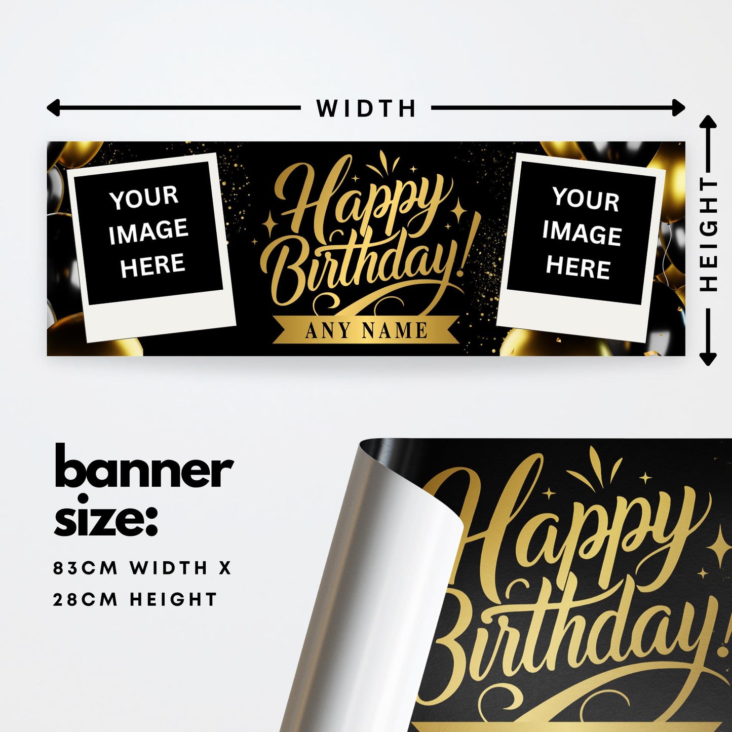Personalised Birthday Banner with Photos and Name  Black & Gold Classic Party Decoration  Custom Happy Birthday Sign  For Him or For Her