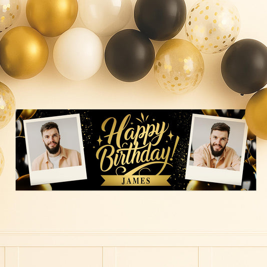 Personalised Birthday Banner with Photos and Name  Black & Gold Classic Party Decoration  Custom Happy Birthday Sign  For Him or For Her