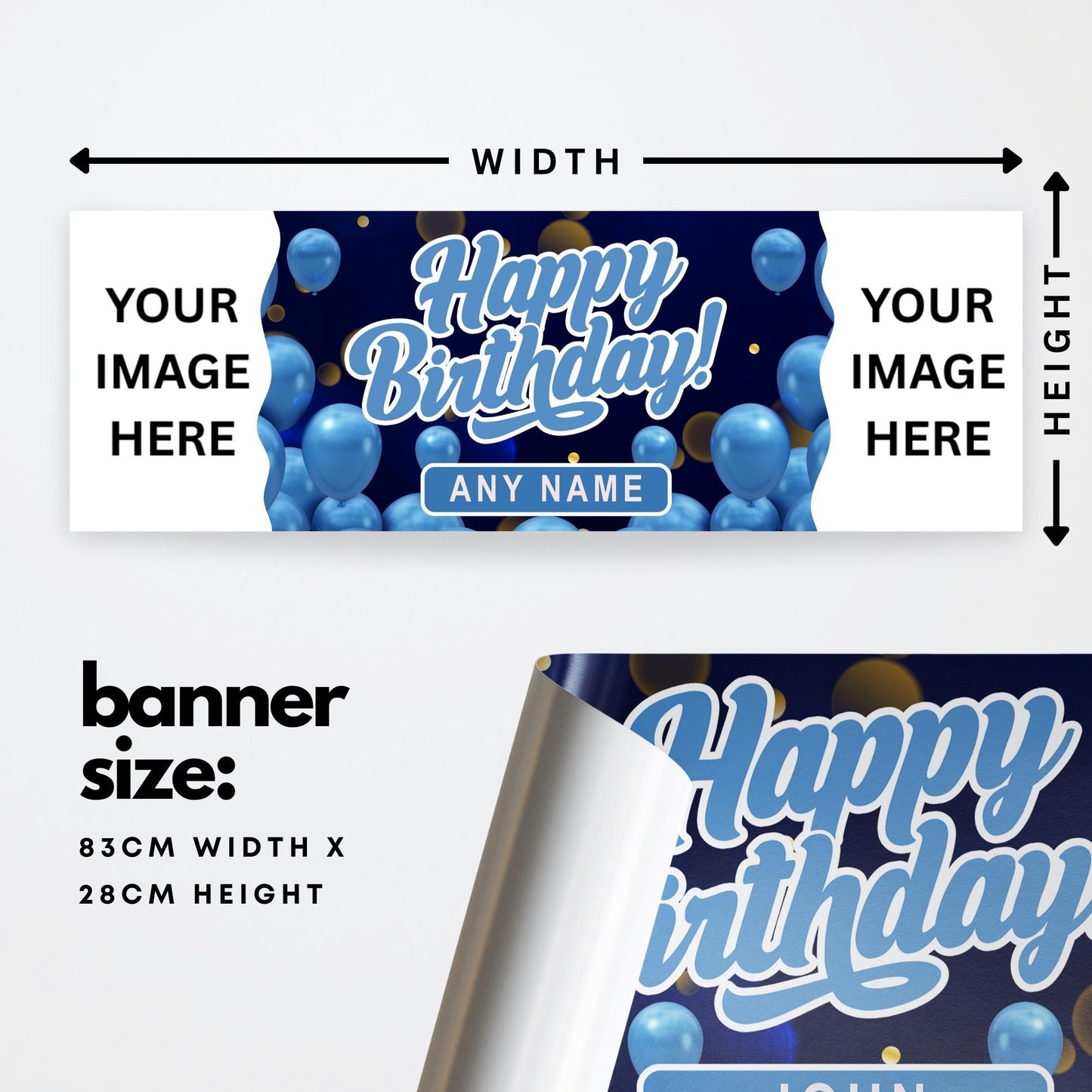 Personalised Birthday Banner with Photos & Name  Blue Balloon Party Decoration  Custom Happy Birthday Sign  Blue Themed Decor  For Him