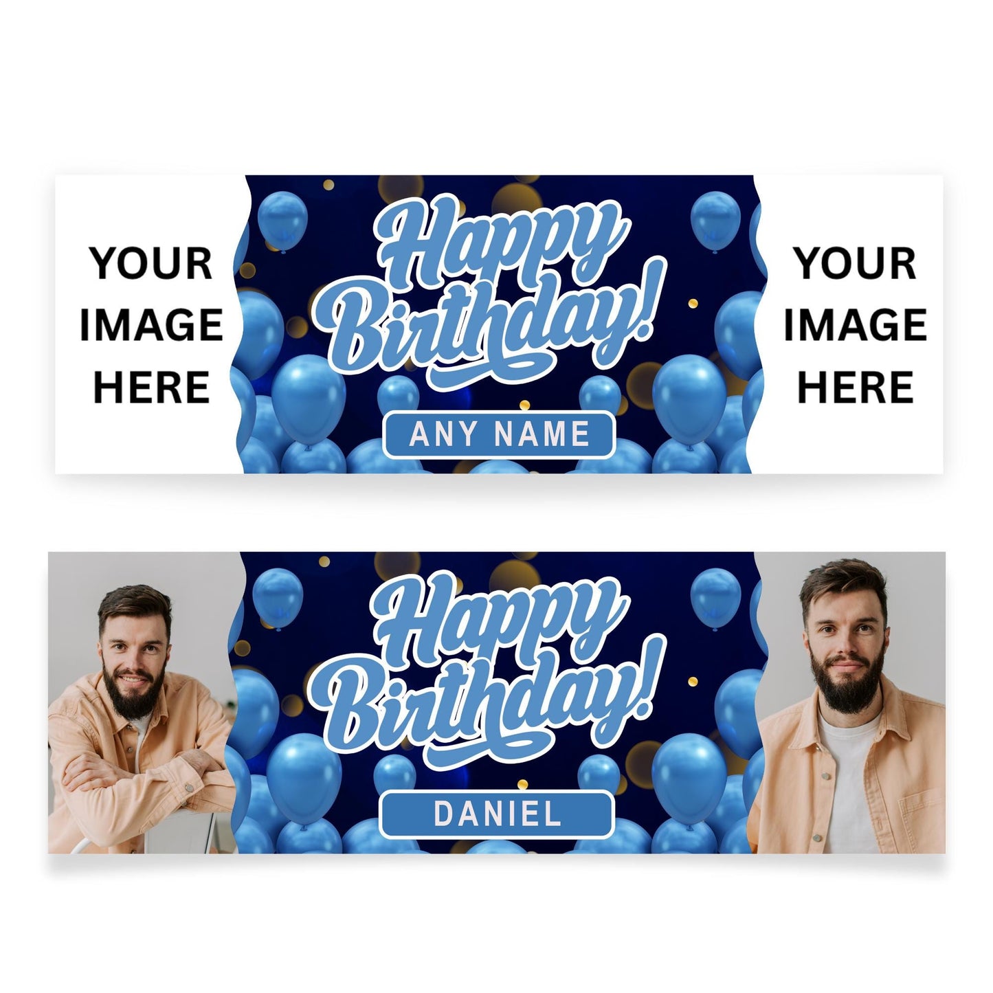 Personalised Birthday Banner with Photos & Name  Blue Balloon Party Decoration  Custom Happy Birthday Sign  Blue Themed Decor  For Him