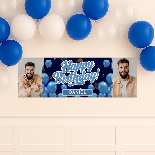 Personalised Birthday Banner with Photos & Name  Blue Balloon Party Decoration  Custom Happy Birthday Sign  Blue Themed Decor  For Him