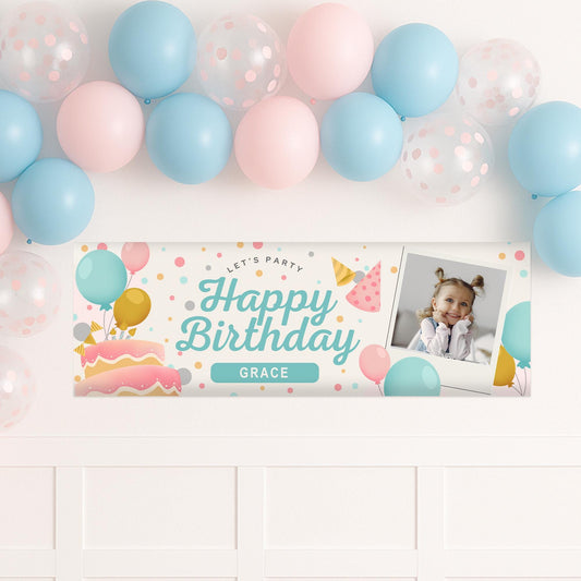 Personalised Birthday Banner with Photos & Name  Pastel Party Balloon and Cake Design  Custom Happy Birthday Sign  Kids Party Decor