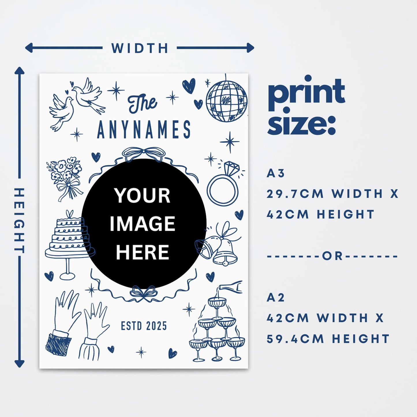 Personalised Wedding Photo Print  Blue Doodle Design  Custom Poster with Photo, Surname & Year  Wedding or Engagement Party Decoration