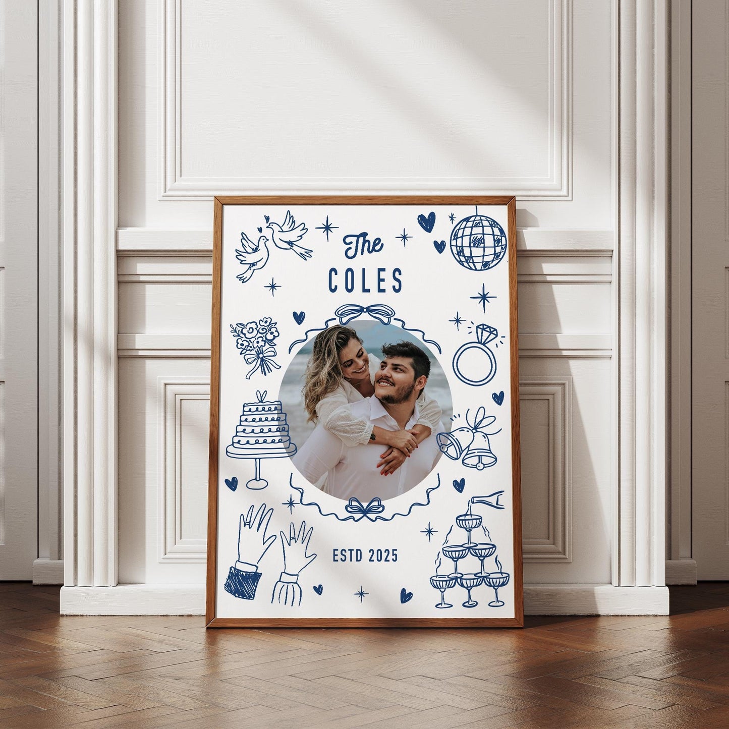 Personalised Wedding Photo Print  Blue Doodle Design  Custom Poster with Photo, Surname & Year  Wedding or Engagement Party Decoration